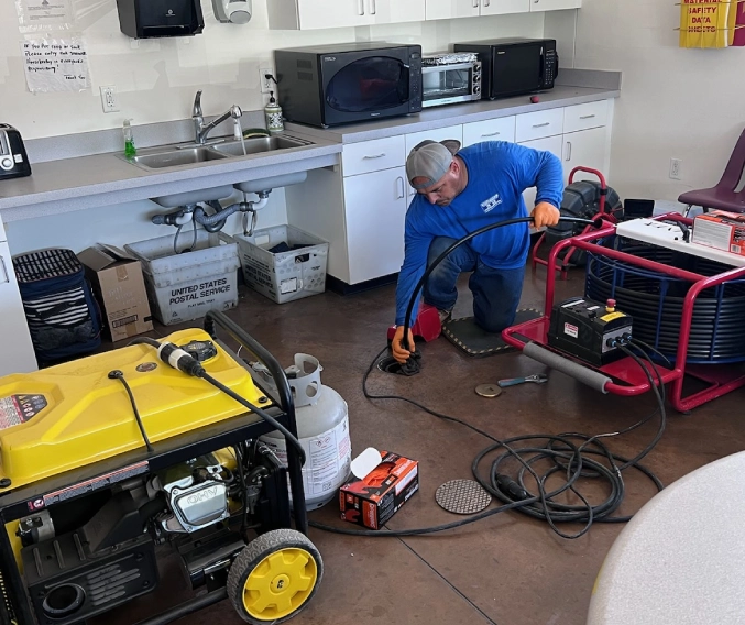 A man in blue shirt and yellow jacket working on equipment.